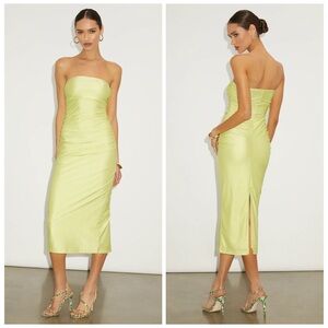 Lulus Gorgeous Reputation Lime Green Strapless Ruched Midi Dress Size Small NEW